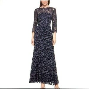 Eliza J Navy Blue Lace Bateau Neck Mermaid Evening Gown Women's Size 8
